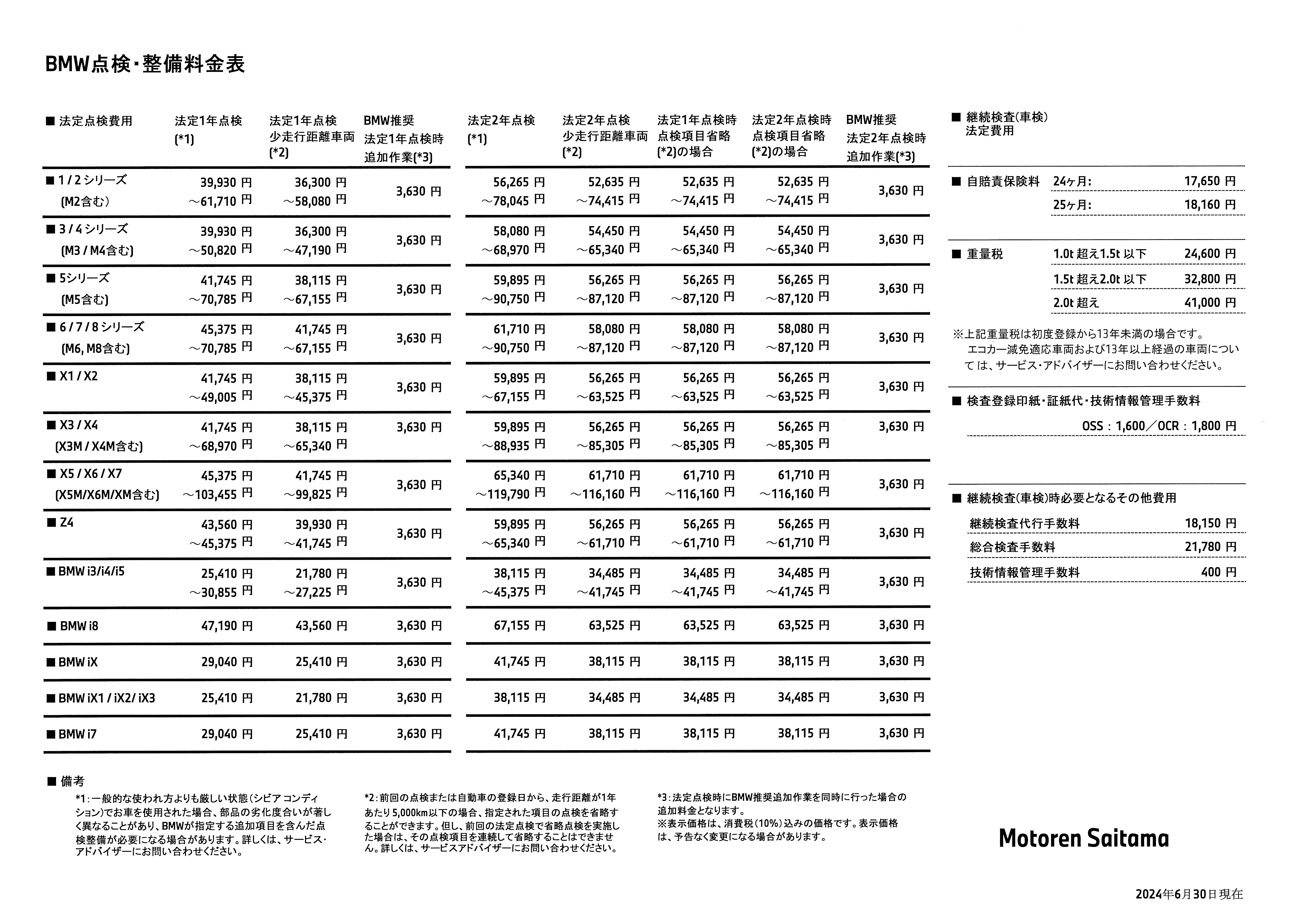 点検整備料金表