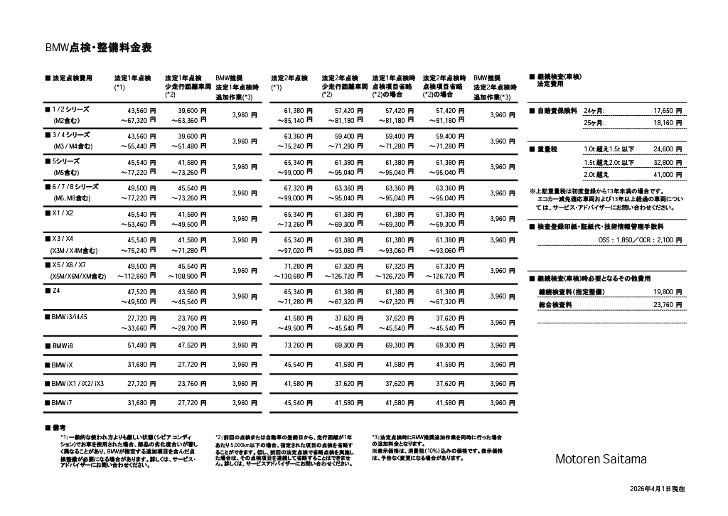 点検整備料金表